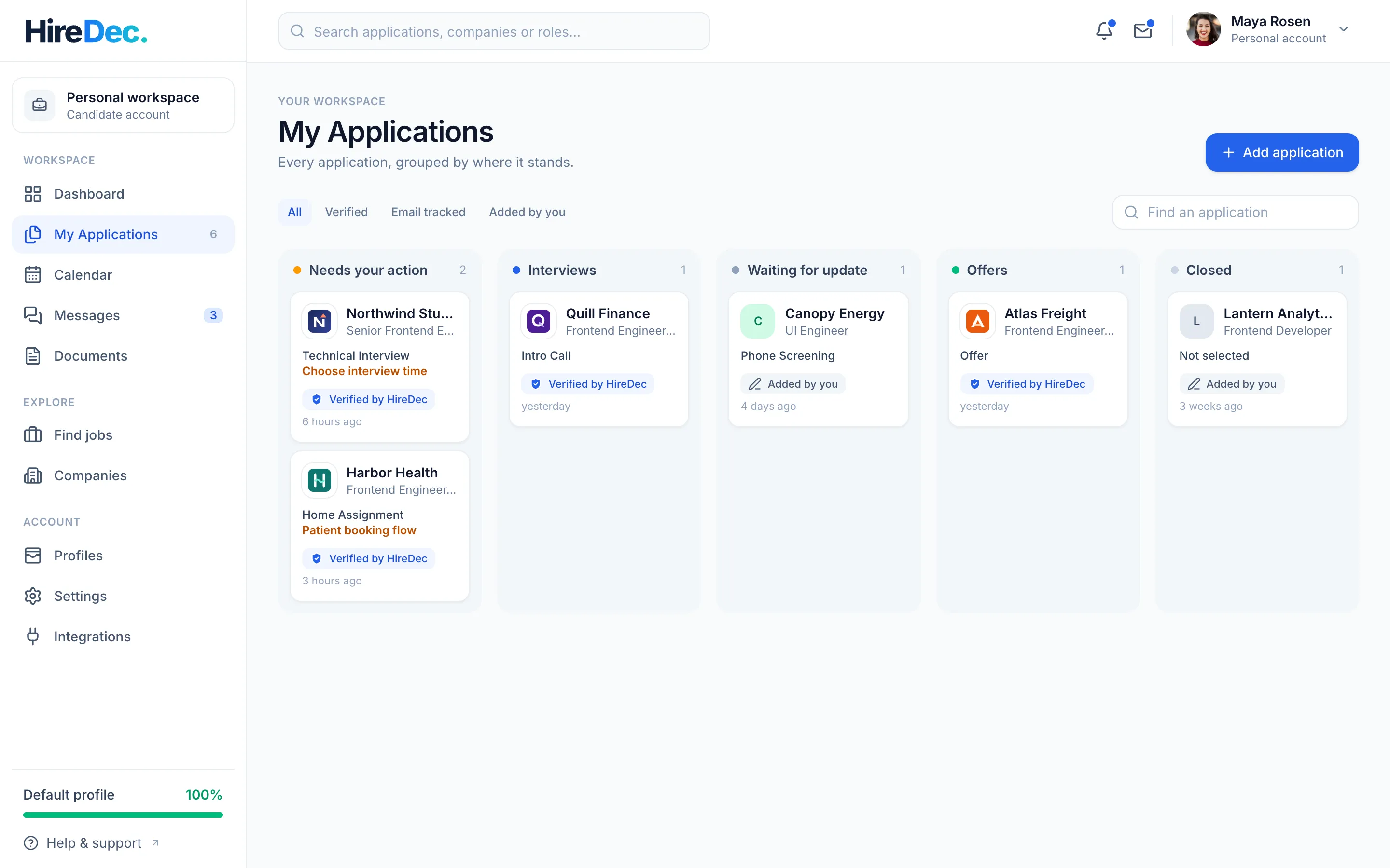My Applications as a board: needs your action, interviews, waiting for an update, offers and closed.