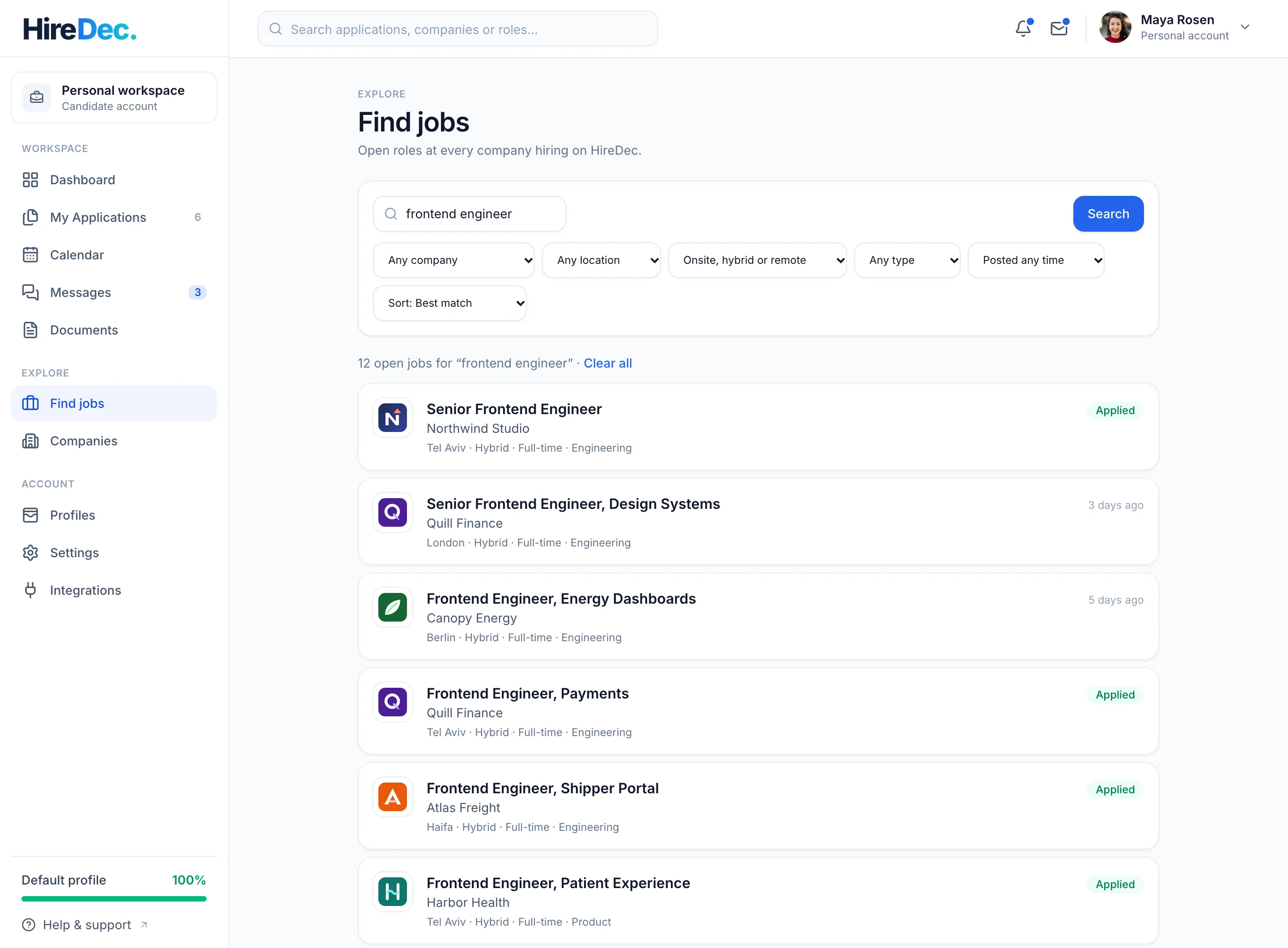 Find jobs: search results for frontend engineer, with filters for company, location, work model, type and date posted.