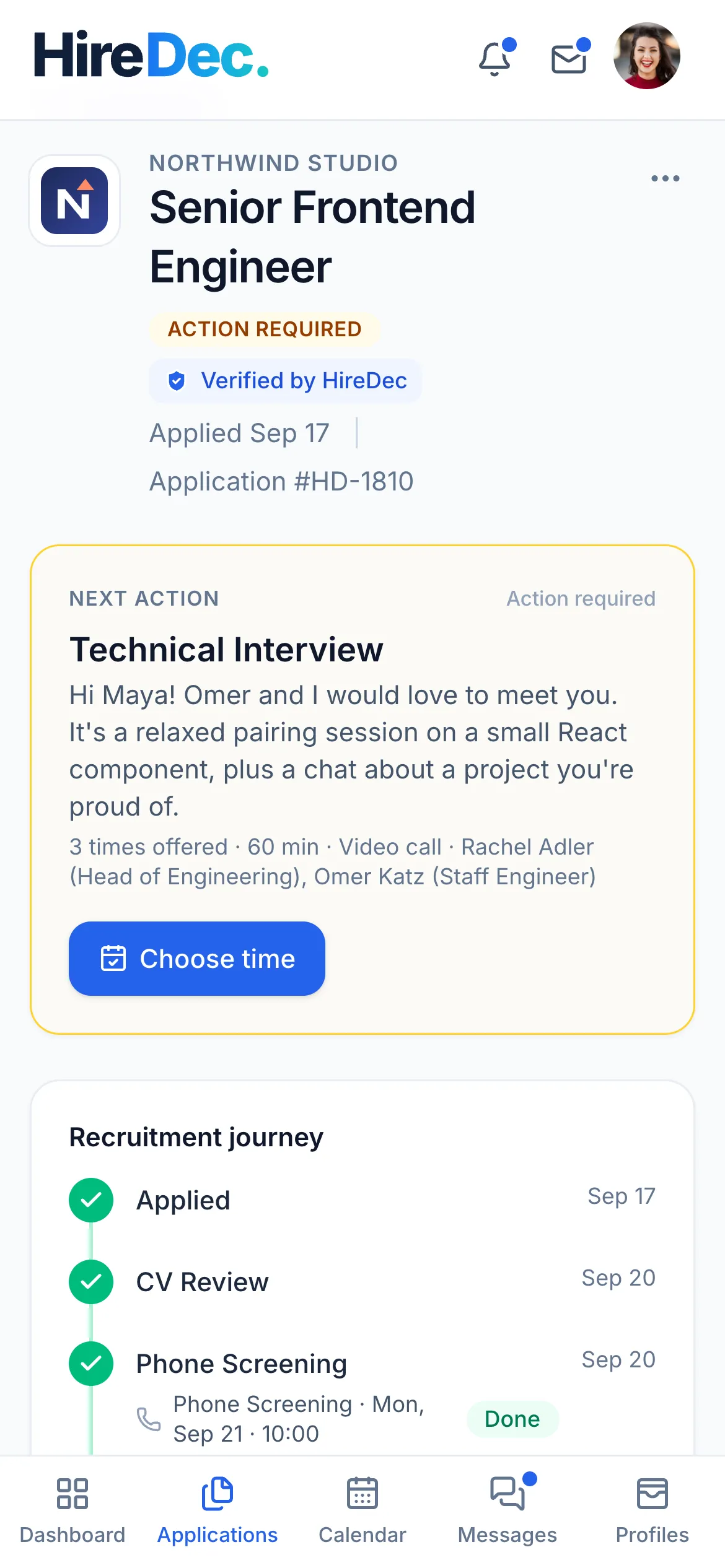An application on a phone: the next step, choosing an interview time.