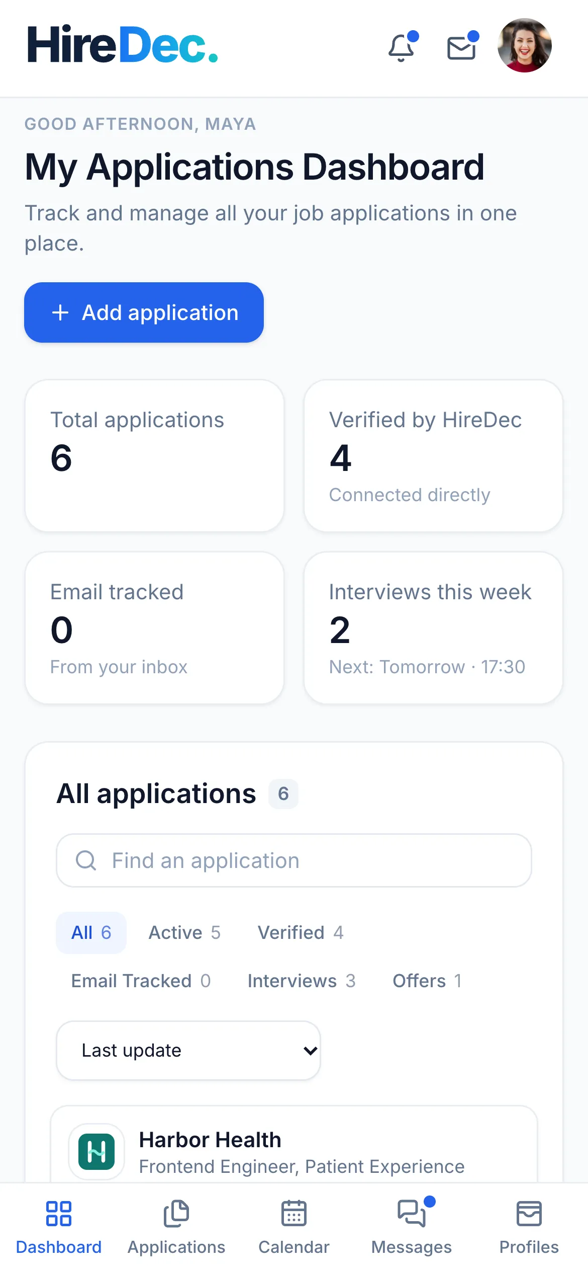 The candidate dashboard on a phone: applications waiting on you first, then upcoming interviews.