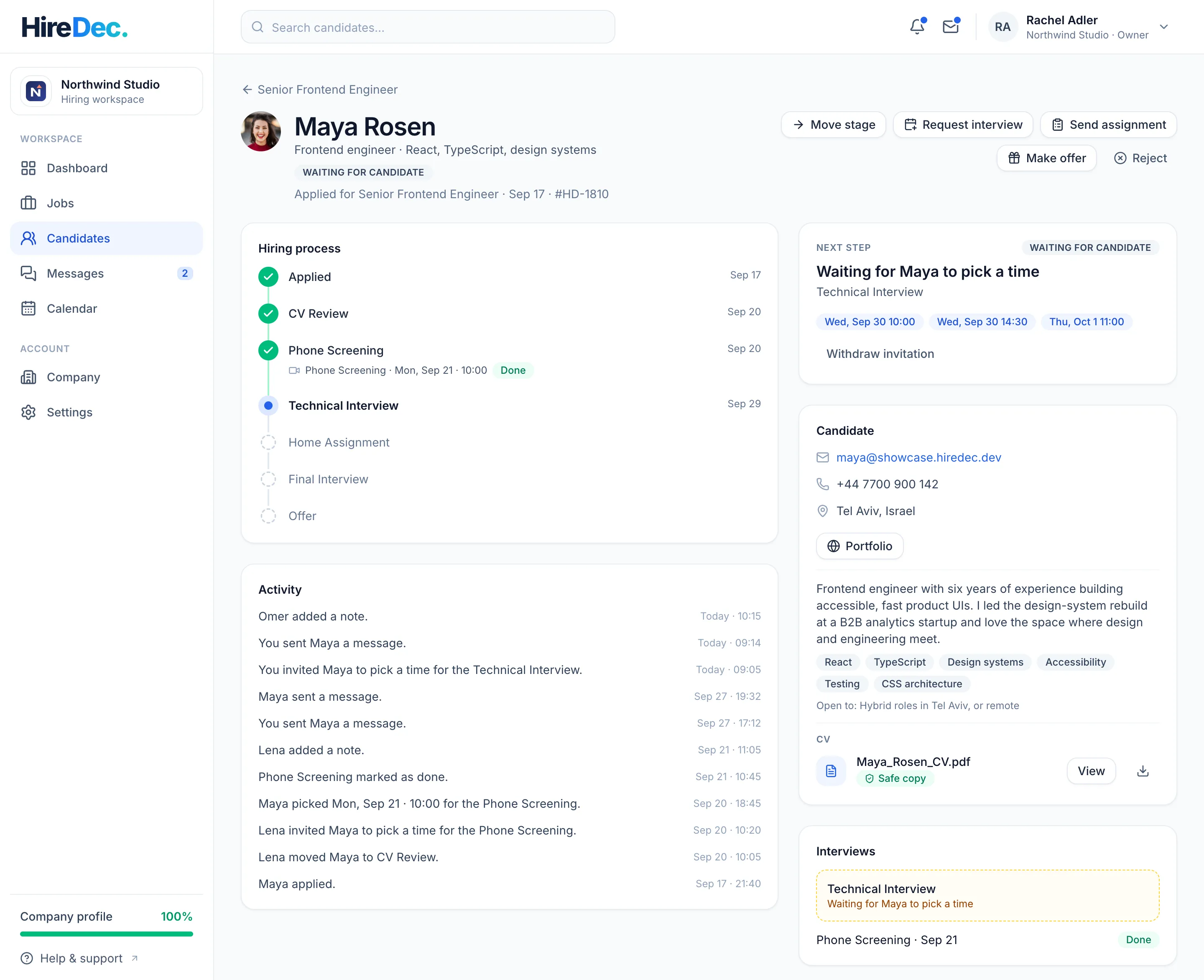 The hiring team's page for Maya's application.