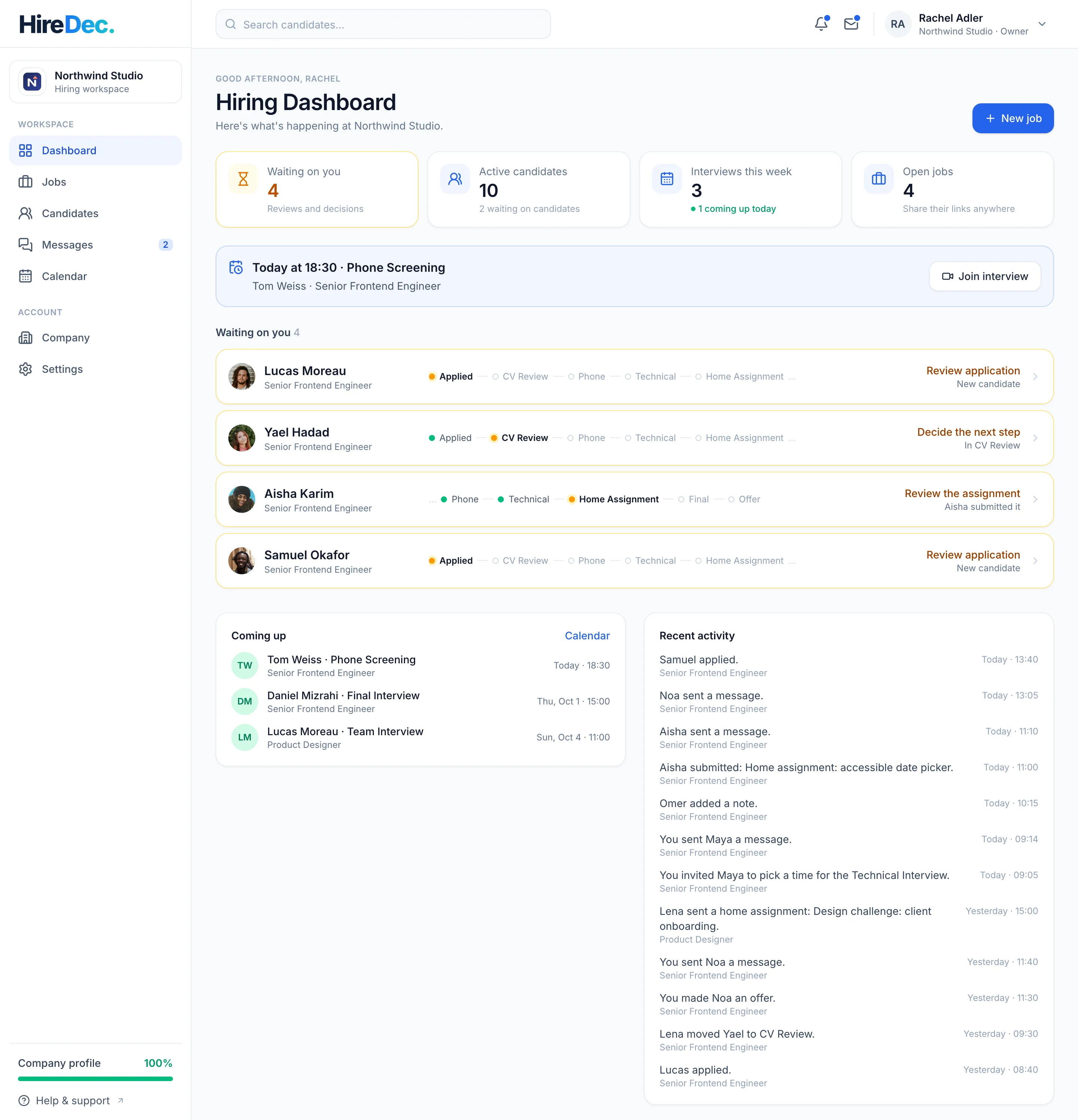 The hiring team's dashboard at Northwind Studio: candidates waiting on the team, today's interviews, what's coming up and recent activity.