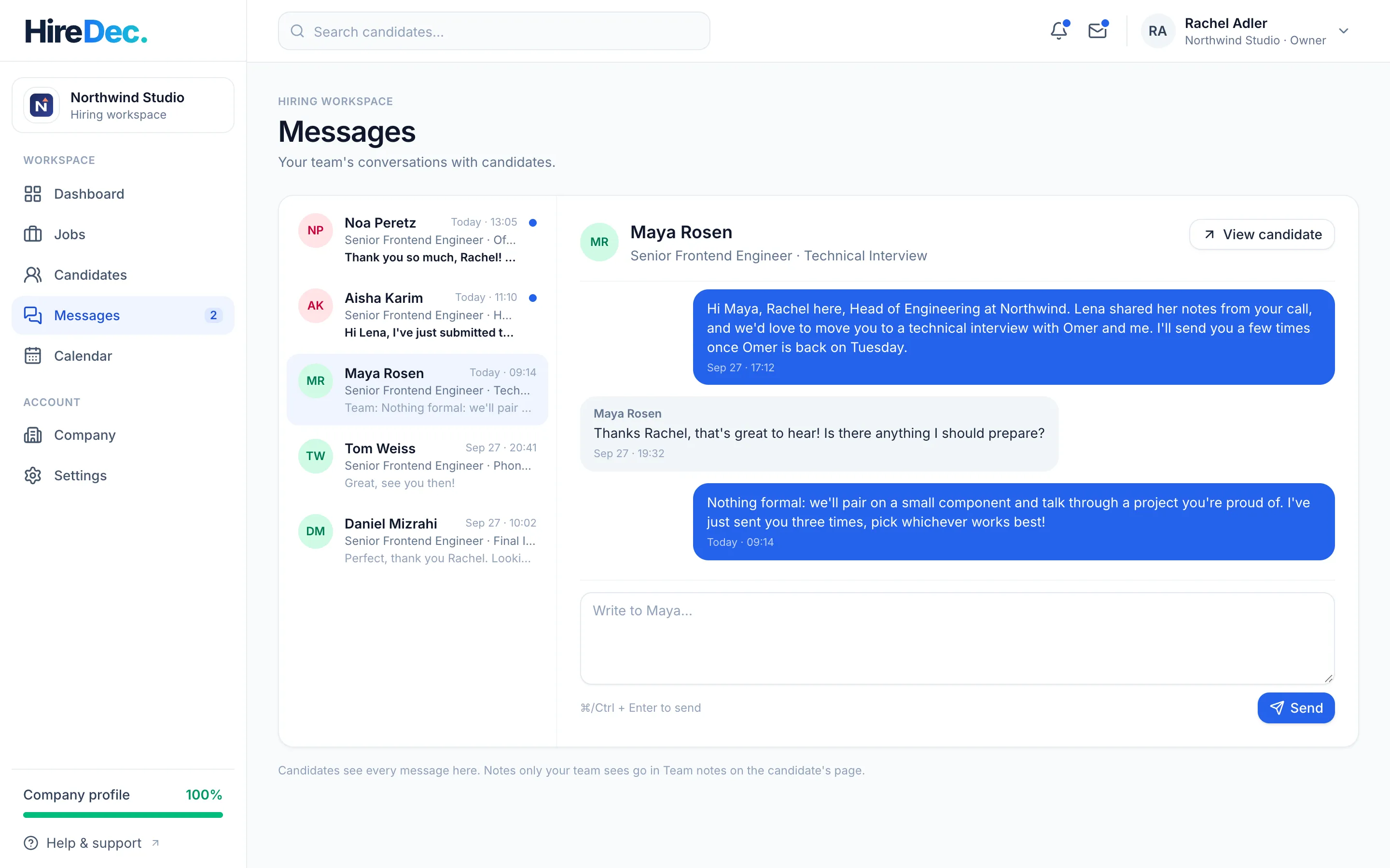 The team's inbox: one conversation per candidate application, with unread counts.