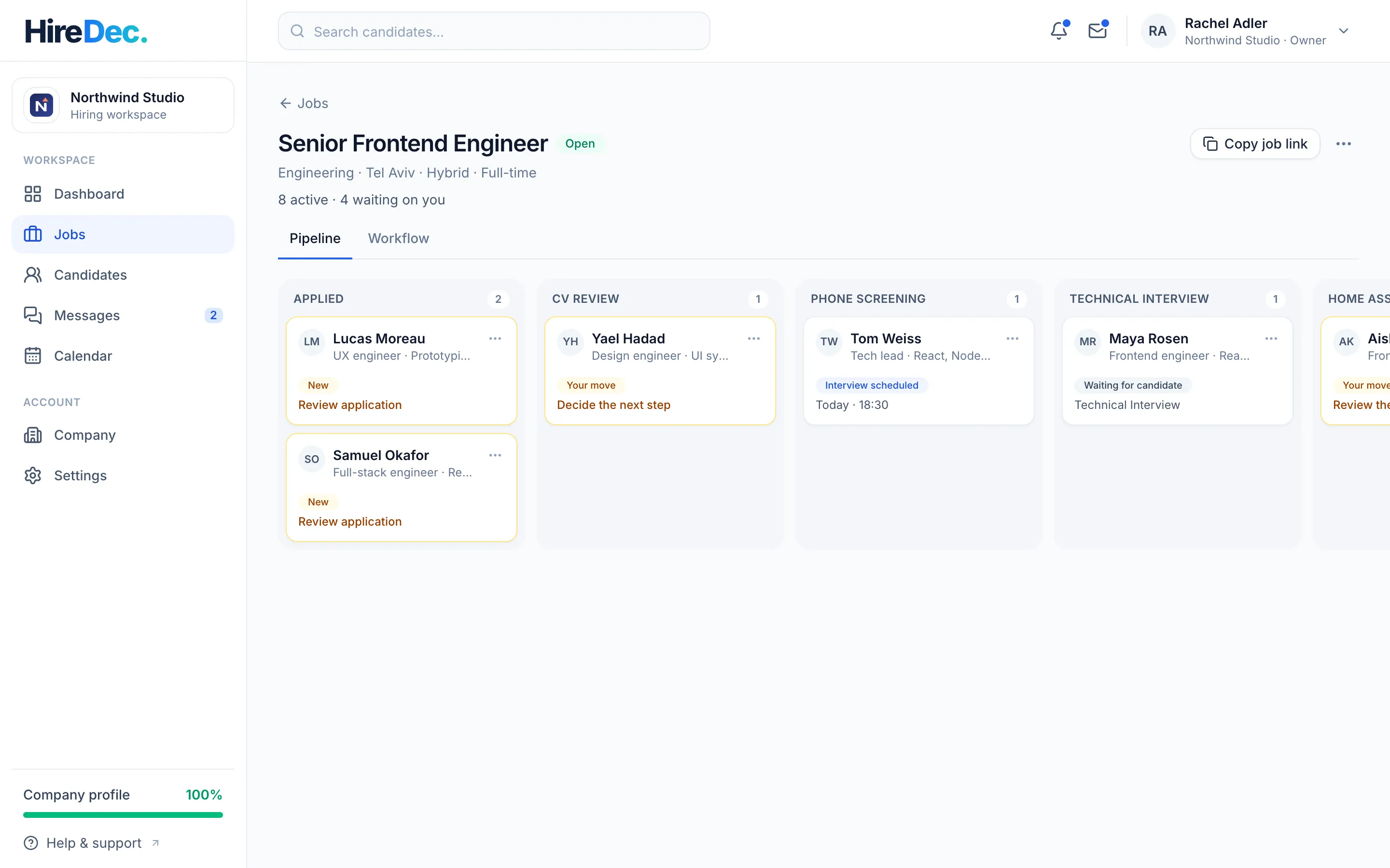 The Senior Frontend Engineer pipeline: a column per stage, from Applied to Offer.