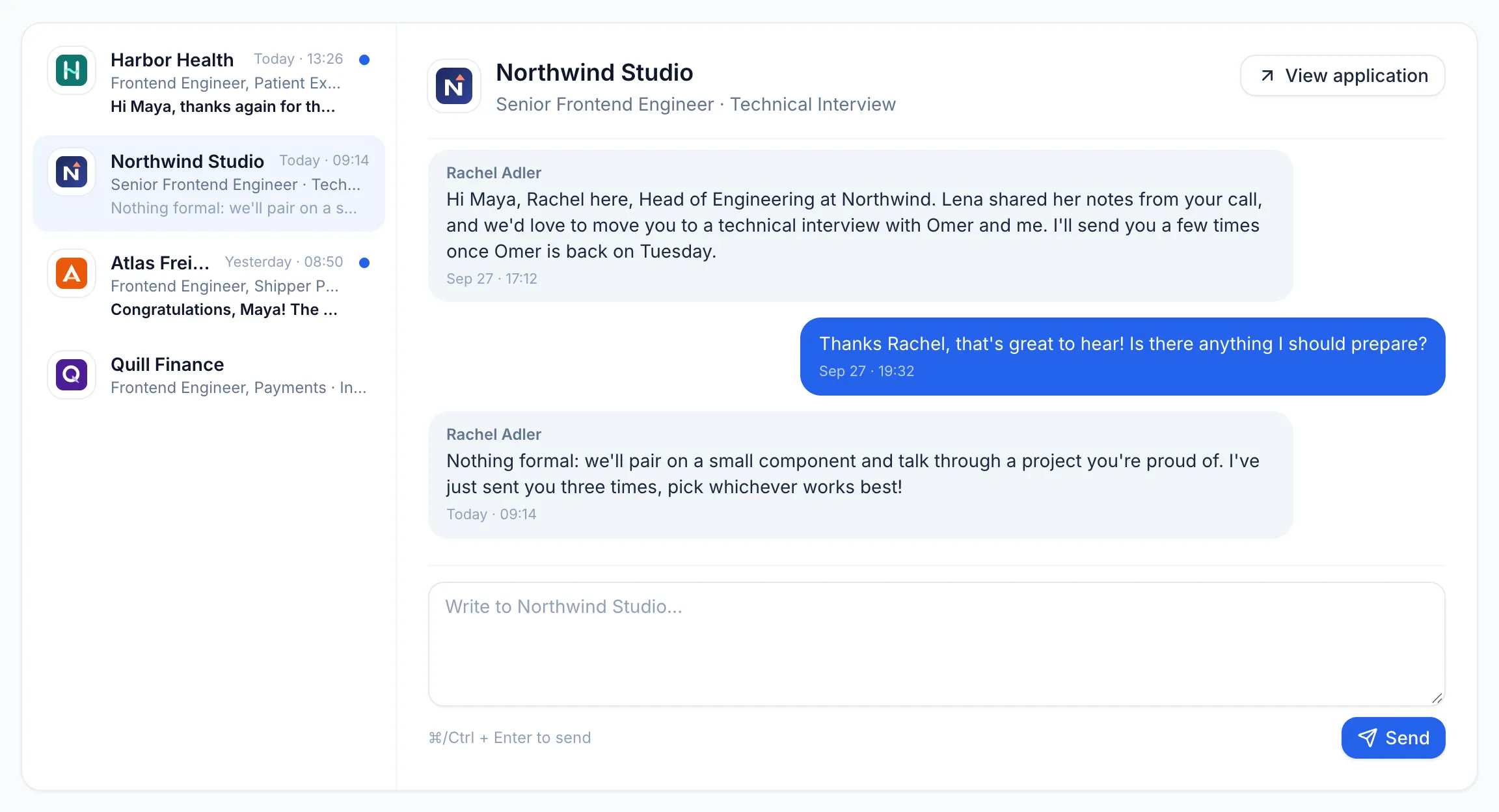 A message thread between Maya and Rachel from Northwind Studio.