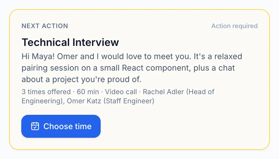 Maya's application to Northwind Studio: the next step, choosing one of three interview times, above the journey from Applied to Offer.