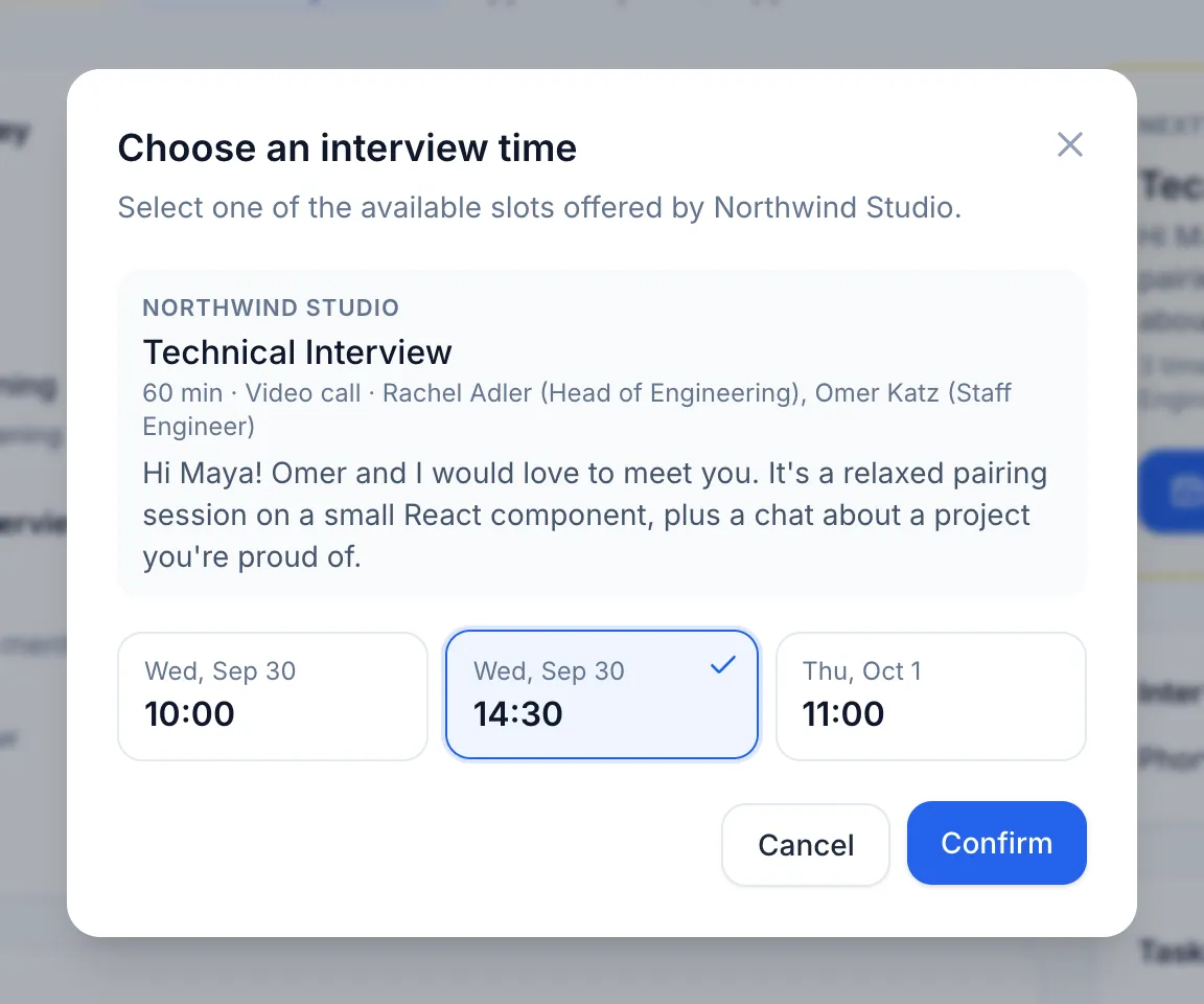 Choosing one of three interview times offered by Northwind Studio for a technical interview.